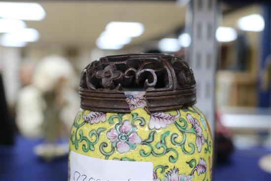 Three Chinese snuff bottles and a yellow ground Chinese vase